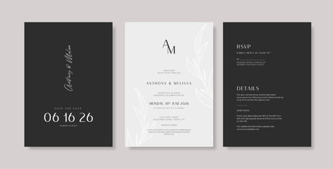 elegant and minimalist black white wedding invitation. simple engraved wedding card template