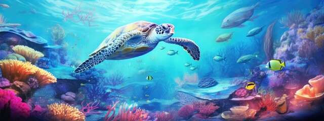 Wall Mural - a sea turtle in a beautiful blue ocean  with fishes, seaweed and corals. turquoise water color. background wallpaper