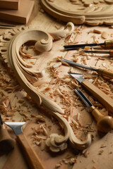 Wall Mural - Carpentry workshop with different tools on a table. Craftsmanship and skill involved in woodworking