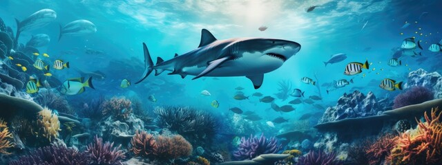 Wall Mural - a grey shark in a beautiful blue ocean  with fishes, seaweed and corals. turquoise water color. background wallpaper
