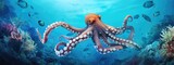 Fototapeta Dziecięca - a octopus squid in a beautiful blue ocean  with fishes, seaweed and corals. turquoise water color. background wallpaper