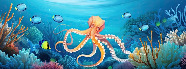 Sticker - a octopus squid in a beautiful blue ocean  with fishes, seaweed and corals. turquoise water color. background wallpaper