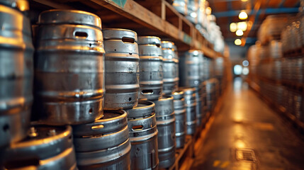 Large metal barrels or containers for beer in industrial production. Kegs for beers