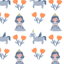 Cute Fairy Small Princess And Flower Seamless Pattern Isolated. Vector Illustration Can Used For Greeting Card, Childish Celebration Card, Wallpapers. 