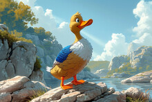 Cartoon Duck Standing On A Rock