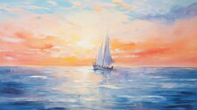 Impressionist Seascape Painting With Boat And Sun Rays On Canvas Texture. Colorful Abstract Modern Art For Background.