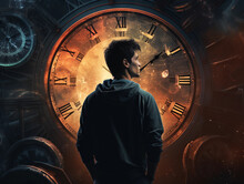 Young Man With An Illustration Of A Clock In The Background, Concept The Passage Of Time. Life Cycle Concept Of The Generation Of Man. Clock In The Background. 