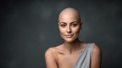 Portrait of a beautiful young woman with shaved head. Bald hairstyle.