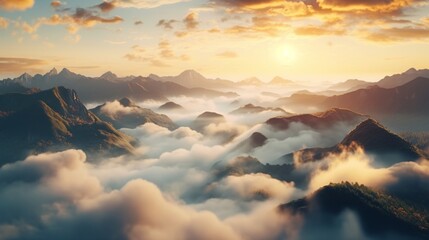 Wall Mural - at sunset, a stunning scene on top of a mountain is framed by low clouds. natural scenery