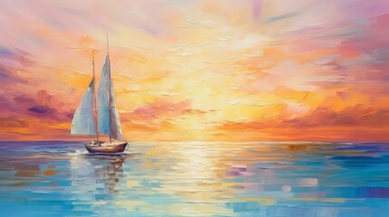 Impressionist seascape painting with boat and sun rays on canvas texture. Colorful abstract modern art for background.