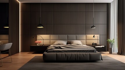 Wall Mural - a modern bedroom. The walls are made of dark wood panels. The bed is gray and has a white headboard. There are two hanging lights above the bed.