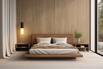 Wall Mural - Modern bedroom with wooden walls, a bed, nightstands, and a window with a view of trees.