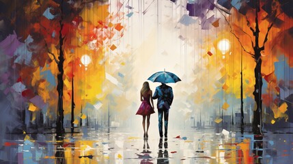 Wall Mural - Romantic couple enjoying a rainy day under a colorful umbrella