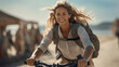 © Anastasiia - Exuberant Woman Cycling on Sunny Beach, vivacious woman beams with joy while cycling along a sandy beach, exuding a sense of freedom and enjoyment in a sunlit seaside setting