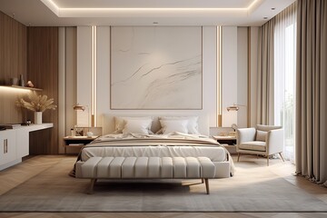 Wall Mural - a luxurious bedroom with a modern design. The room features a king-sized bed, wooden accents, and a large window that allows for plenty of natural light.