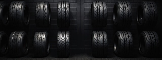 car tire background, tire line in shelves on wall, dark grey black banner, concept of tire selling buying business, auto repair center fixing garage