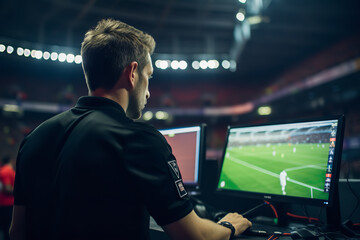 Wall Mural - A referee consulting VAR (Video Assistant Referee) during a decisive European Championship match, illustrating the integration of technology in football