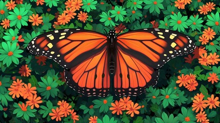 Wall Mural - A butterfly resting on a vibrant flower in a lush garden, its wings a kaleidoscope of colors, the garden alive with a variety of flowers and greenery. Generative AI