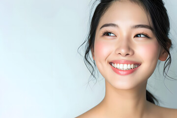 Wall Mural - Young Asian woman close up portrait. Model woman laughing and smiling. Healthy face skin care beauty, skincare cosmetics, dental.