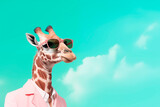 Fototapeta Natura - portrait of a business Anthropomorphic giraffe in a jacket and glasses against the sky. Creative animal concept.