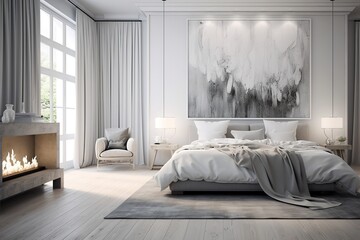 Wall Mural - a luxurious bedroom with a fireplace, large windows, and a modern art piece above the bed. The room is decorated in a neutral color palette with a gray rug