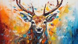 Fototapeta  - Multicolored oil painting of a deer's face with abstract shapes and textures