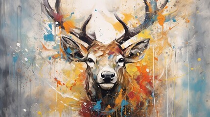 Wall Mural - Multicolored oil painting of a deer's face with abstract shapes and textures