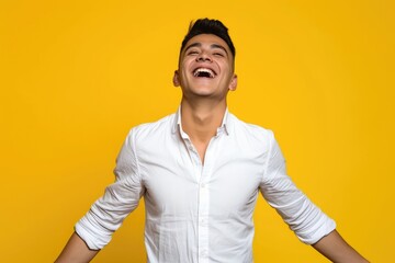 Wall Mural - Energetic studio portrait of a young Latino man laughing, in a white shirt and jeans, isolated on a bright yellow background