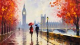 Fototapeta Londyn - Oil painting of a london street scene with big ben, a couple under a red umbrella, a tree, a bridge, and a river