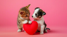 Cute Little Kitten And Puppy Playing With Red Heart On Pink Background Copy Space, Valentines Day Concept