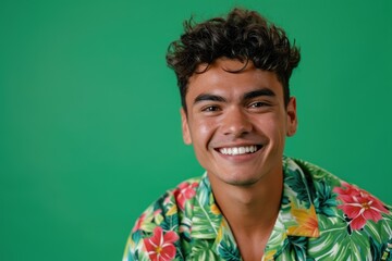 Wall Mural - Playful studio portrait of a young Latino man with a bright smile, wearing a colorful Hawaiian shirt, isolated on a green background