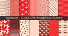 Set Of 14 Patterns With Hearts, Cupids, Cherubs And Geometric Lines In Red Vintage Colors. St. Valentine's Day Trendy Backgrounds. Vector Retro Illustrations.