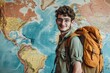 Studio portrait of a young European man with a travel theme, holding a backpack, isolated on a world map background