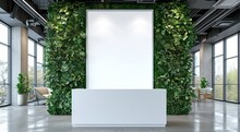An Empty Advertising Poster Is Hanging In A Modern Hall With A Green Wall With Plants, Mock Up  Vertical Poster