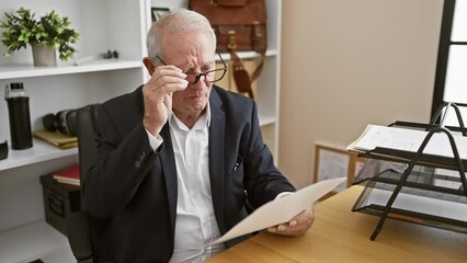 Sticker - Elegant senior man focused at work, reading business document, taking off glasses in a relaxed mood at the office, serious demeanor as a successful executive worker