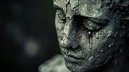  An artistic interpretation of the pain of betrayal represented by a cracked statue with a single tear streak set against a dark backdrop.