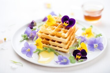 Wall Mural - waffles with edible flowers and honeycomb, elegant plating