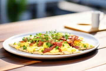 Wall Mural - flatbread pizza with scrambled eggs, bacon, and chives