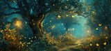 Fototapeta Las - Enchanting forest path with glowing lanterns and fireflies. Magical nature scene.