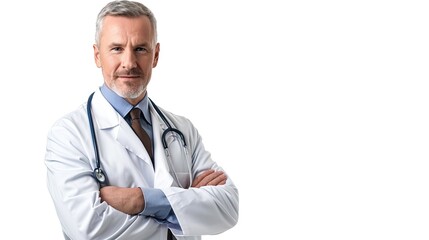 Mature doctor in the white coat uniform. banner poster and copy space isolated on white background.