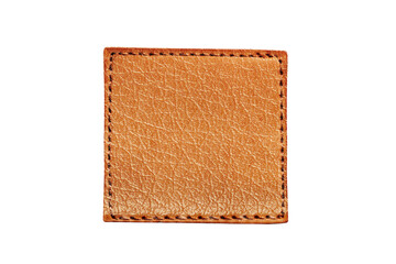 brown leather belt strap closeup isolated on white. brown stitched leather seam frame label tag isol
