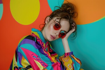 Studio portrait of a young European woman with a vibrant pop art theme, wearing bold, colorful attire, isolated on a pop art inspired background