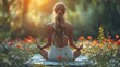 Young woman meditating in outdoor garden. A Wellness and Mindfulness Journey. Yoga women in beautiful garden generated by ai
