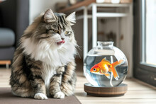 Fluffy Cat In The Apartment Looks And Licks At An Aquarium With A Goldfish
