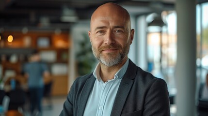 Canvas Print - A bald man with a small brown beard in a business office. Generative AI.