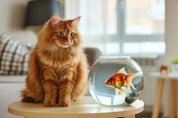 Wall Mural - ginger cat in the apartment looks at an aquarium with a goldfish