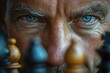 A close-up view captures the concentrated gaze of a man contemplating his next move on a chessboard, highlighting strategy and determination.