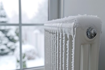 This image shows a close-up of a home radiator covered in snow and icicles against the backdrop of a winter day outside the window.