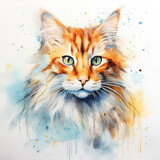 Fototapeta Dziecięca - Watercolor drawing of a Maine Coon red cat on white. Watercolor with a picture of a red cat