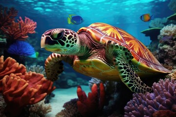  Vibrant Sea Turtle Gliding Through a Coral Paradise in the Depths of the Ocean. Generative AI
